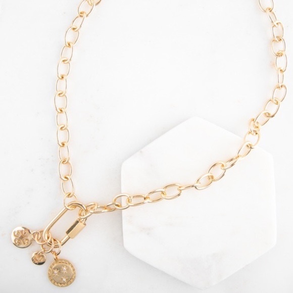 Gold Plated Chain Link necklace with charms and carabiner | Plunder Melinda - Picture 1 of 15